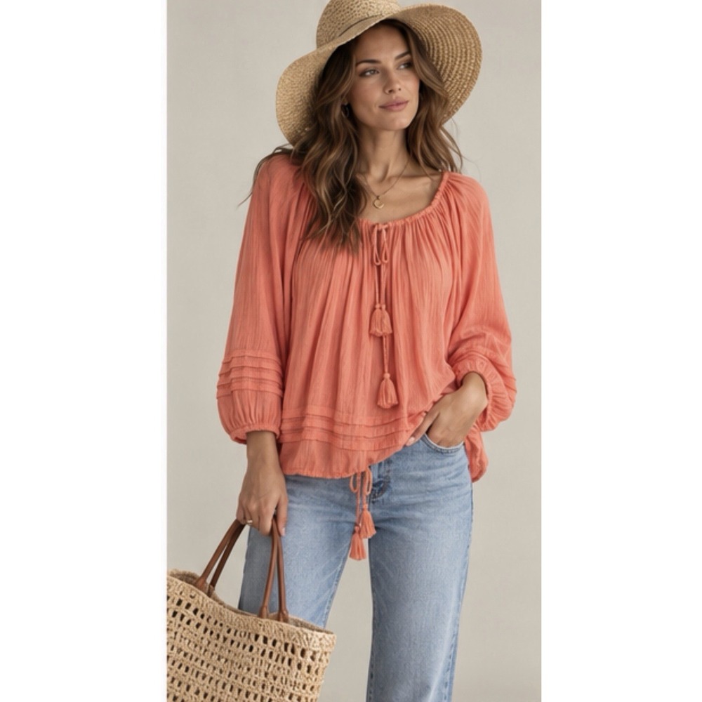 Denim & Supply Ralph Lauren Peasant Blouse Sz XL Relaxed Boho Tassel Cottagecore